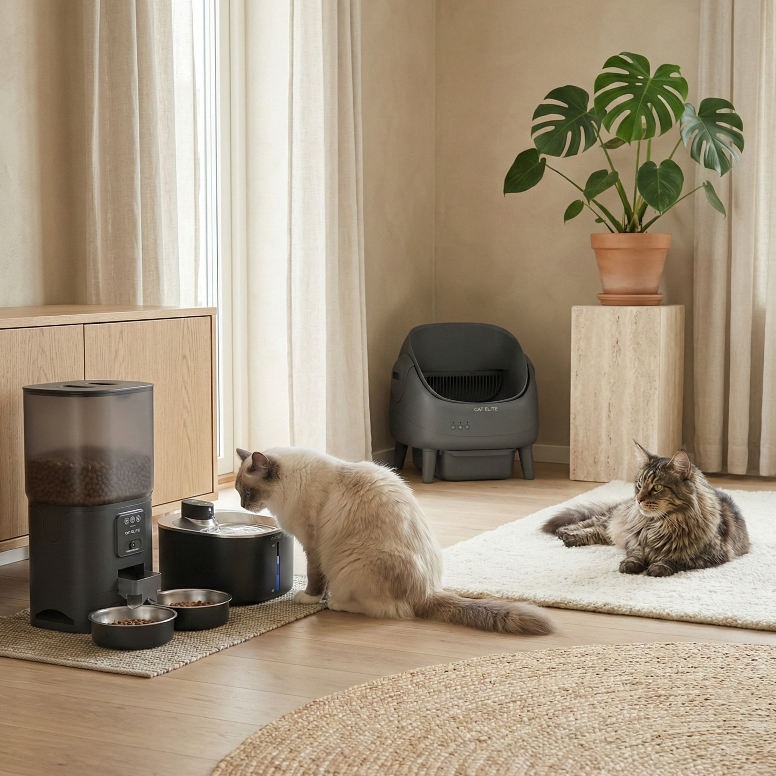 Bundel | Ease Automatische Kattenbak, Sync Dubbele Voerautomaat & Stream Drinkfontein