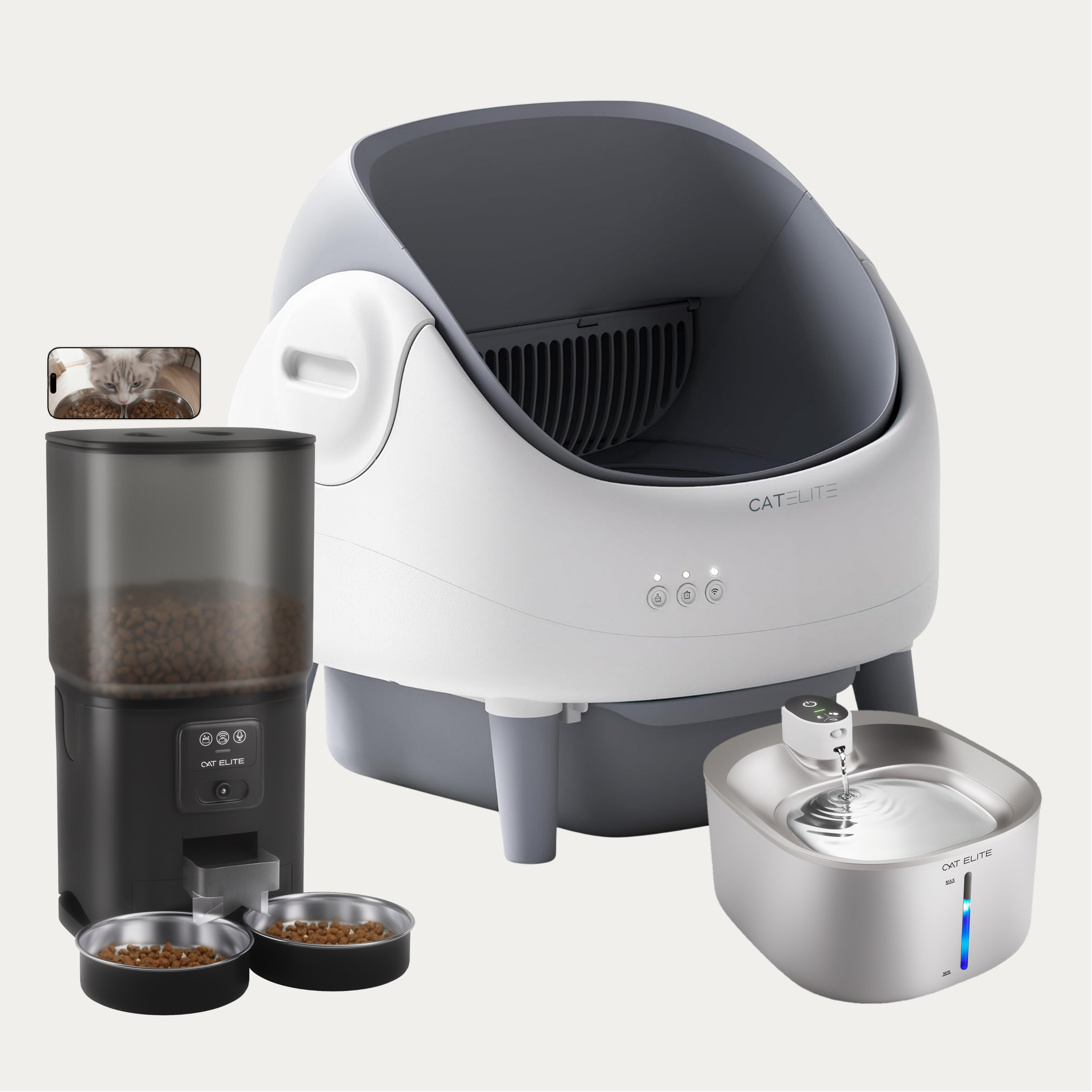 Bundel | Ease Automatische Kattenbak, Sync Dubbele Voerautomaat & Stream Drinkfontein