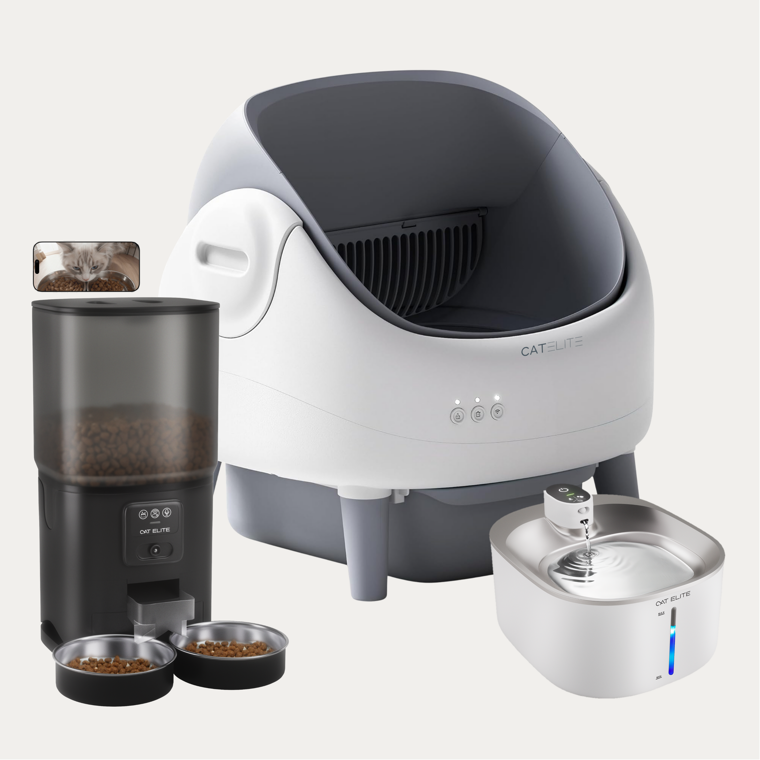 Bundel | Ease Automatische Kattenbak, Sync Dubbele Voerautomaat & Stream Drinkfontein