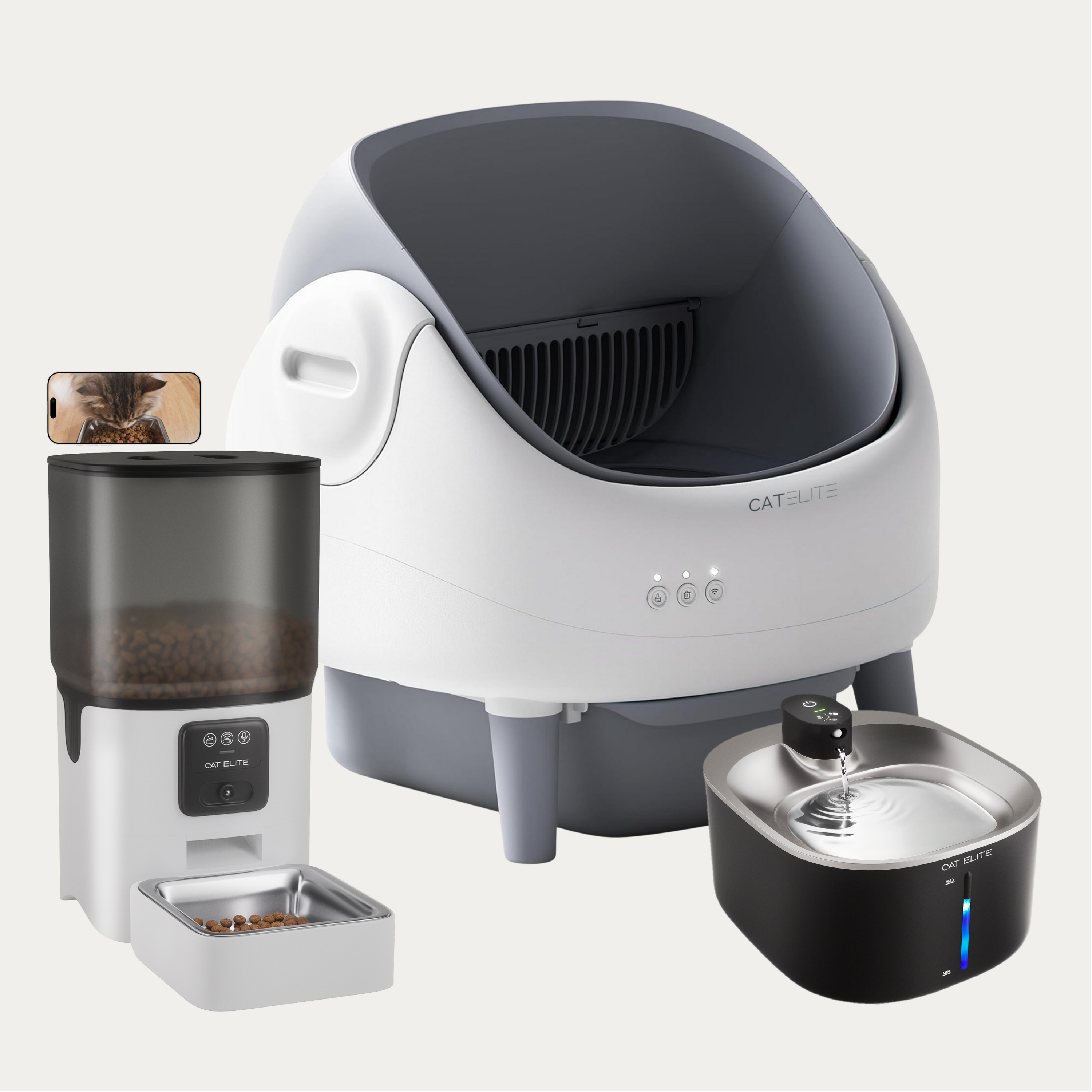 Bundel | Ease Automatische Kattenbak, Sync Enkele Voerautomaat & Stream Drinkfontein