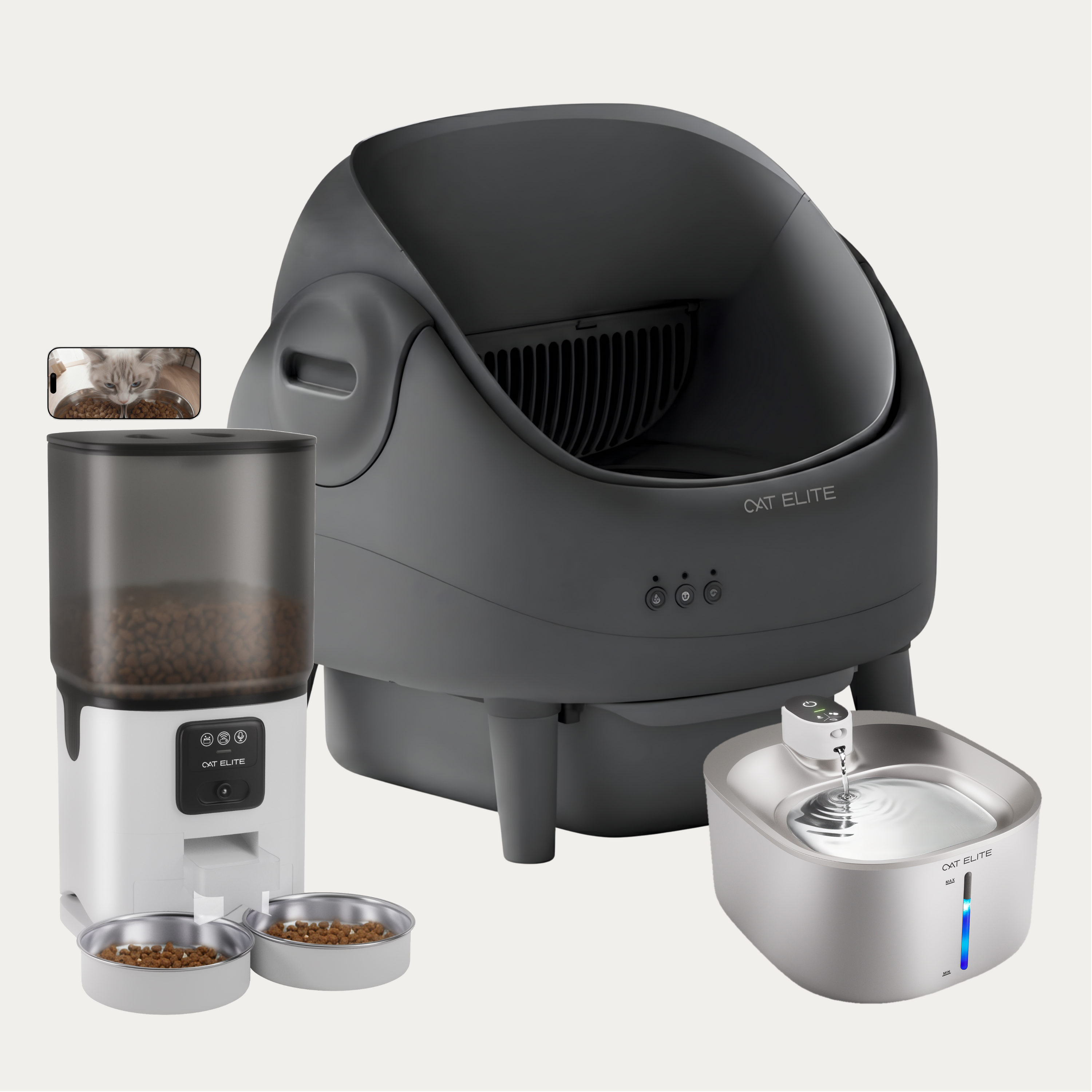 Bundel | Ease Automatische Kattenbak, Sync Dubbele Voerautomaat & Stream Drinkfontein