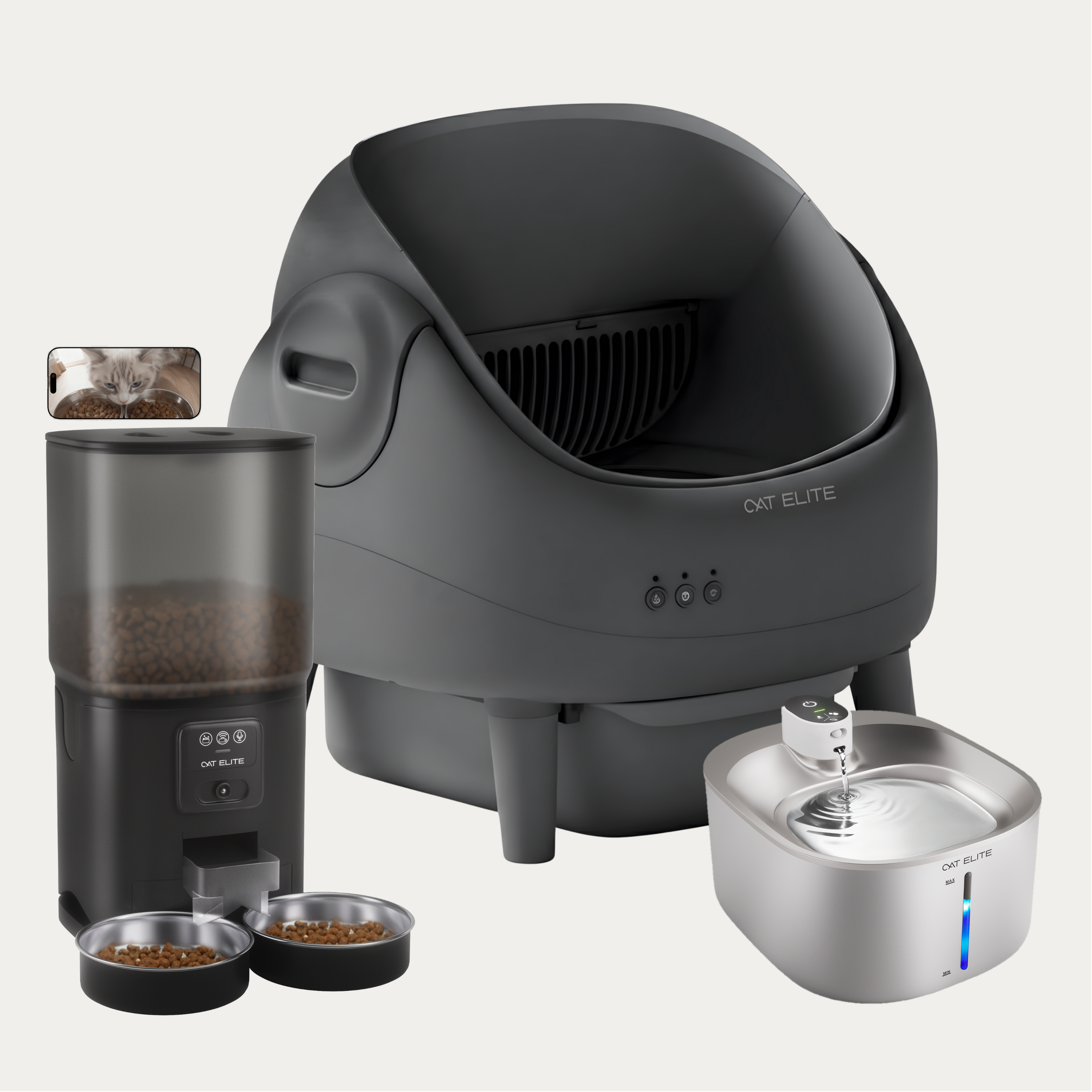 Bundel | Ease Automatische Kattenbak, Sync Dubbele Voerautomaat & Stream Drinkfontein