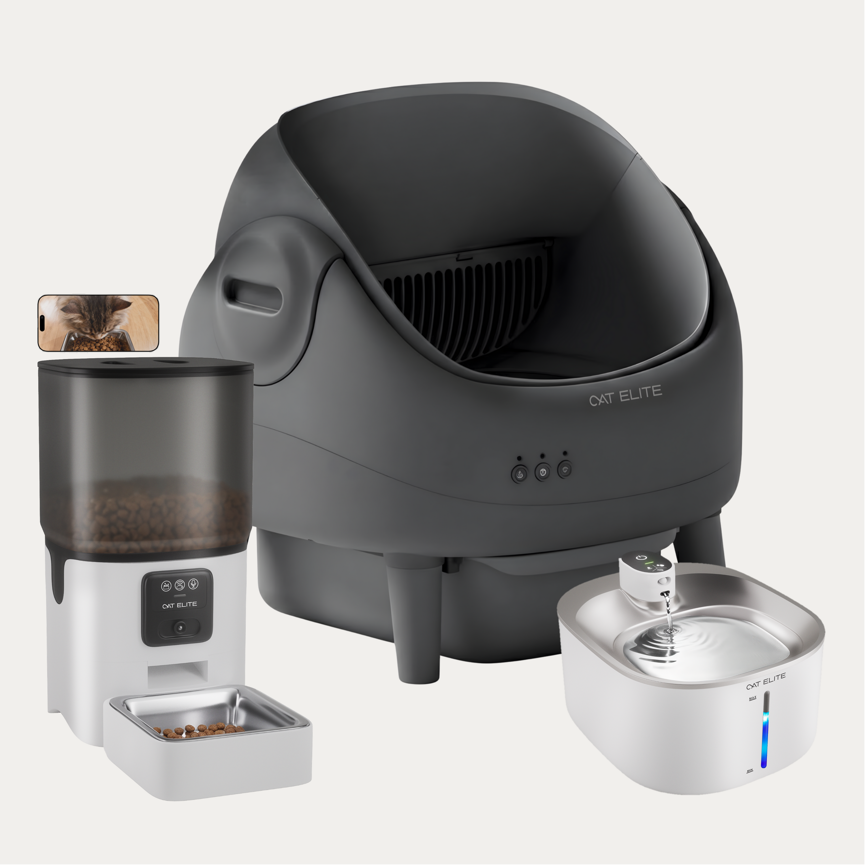 Bundel | Ease Automatische Kattenbak, Sync Enkele Voerautomaat & Stream Drinkfontein