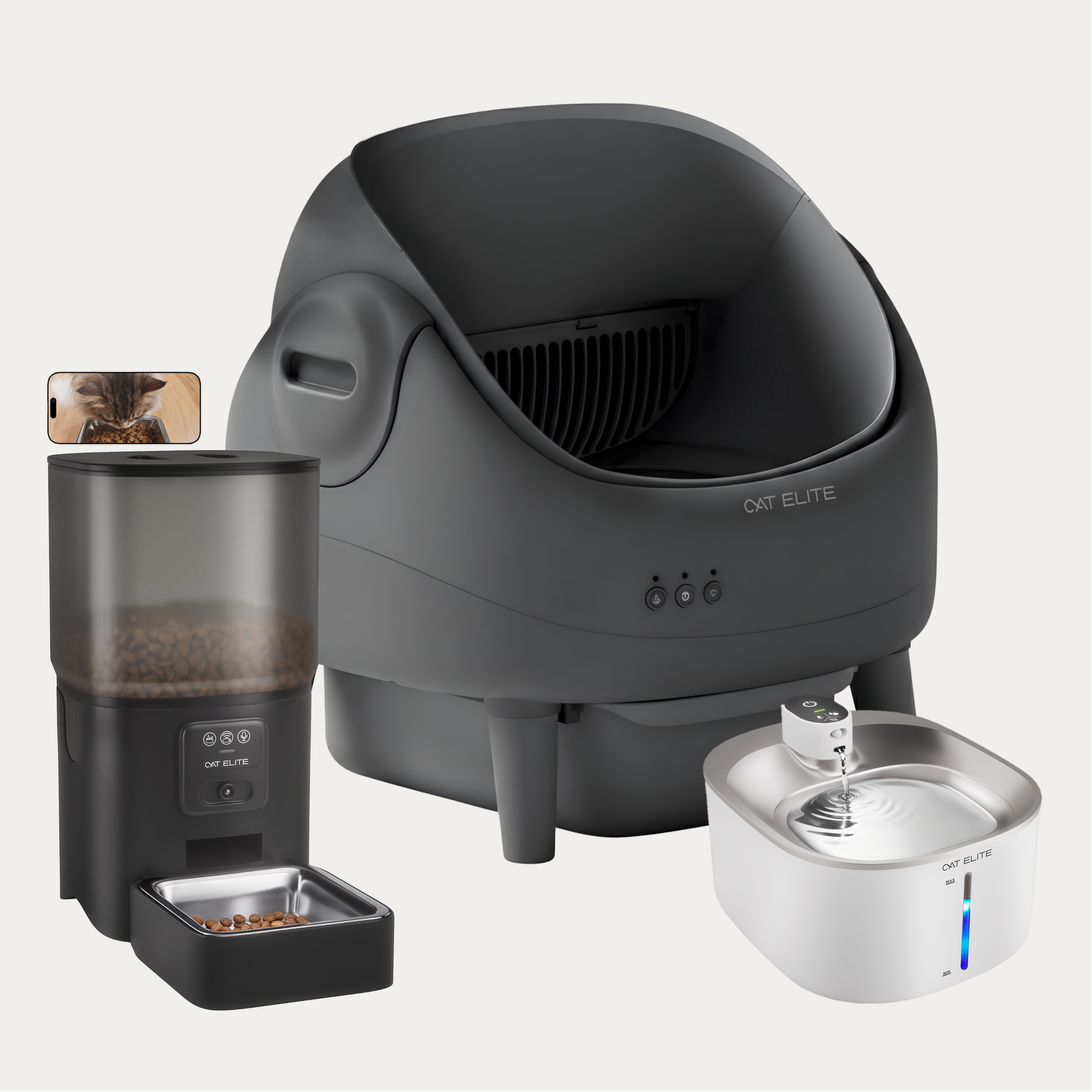 Bundel | Ease Automatische Kattenbak, Sync Enkele Voerautomaat & Stream Drinkfontein