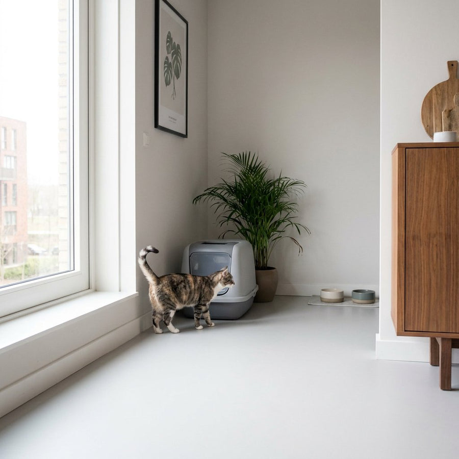 Kat loopt naar een kattenbak in een rustige hoek van een modern appartement, weg van voer en water, met zacht daglicht en een open uitweg.