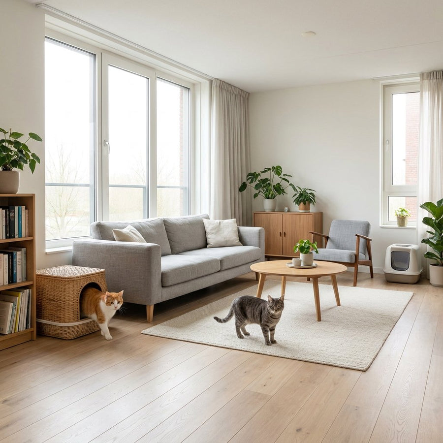 Twee katten bewegen door een lichte woonkamer met drie nette kattenbakken op rustige plekken, praktisch verdeeld voor comfort en hygiëne.