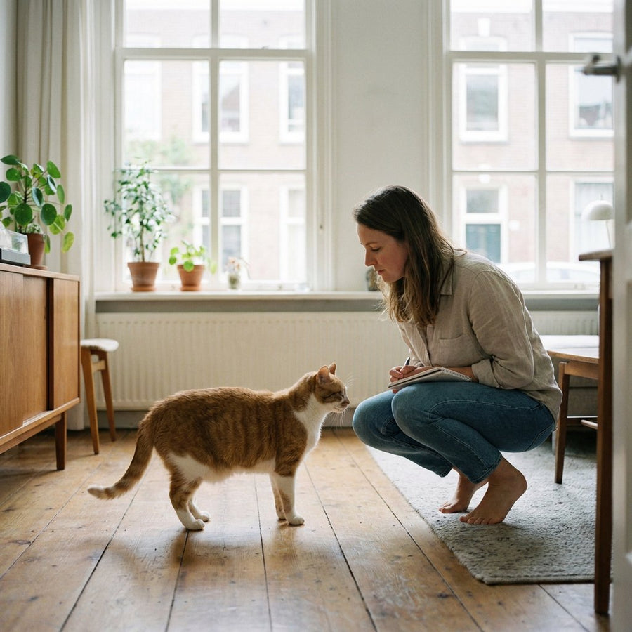Een volle huiskat staat op een houten vloer terwijl de eigenaar van boven en opzij naar de lichaamsvorm kijkt in een lichte woonkamer.