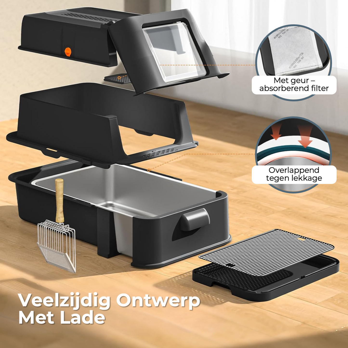 RVS Kattenbak met lade - Zwart