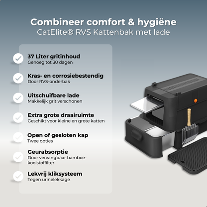 RVS Kattenbak met lade - Zwart