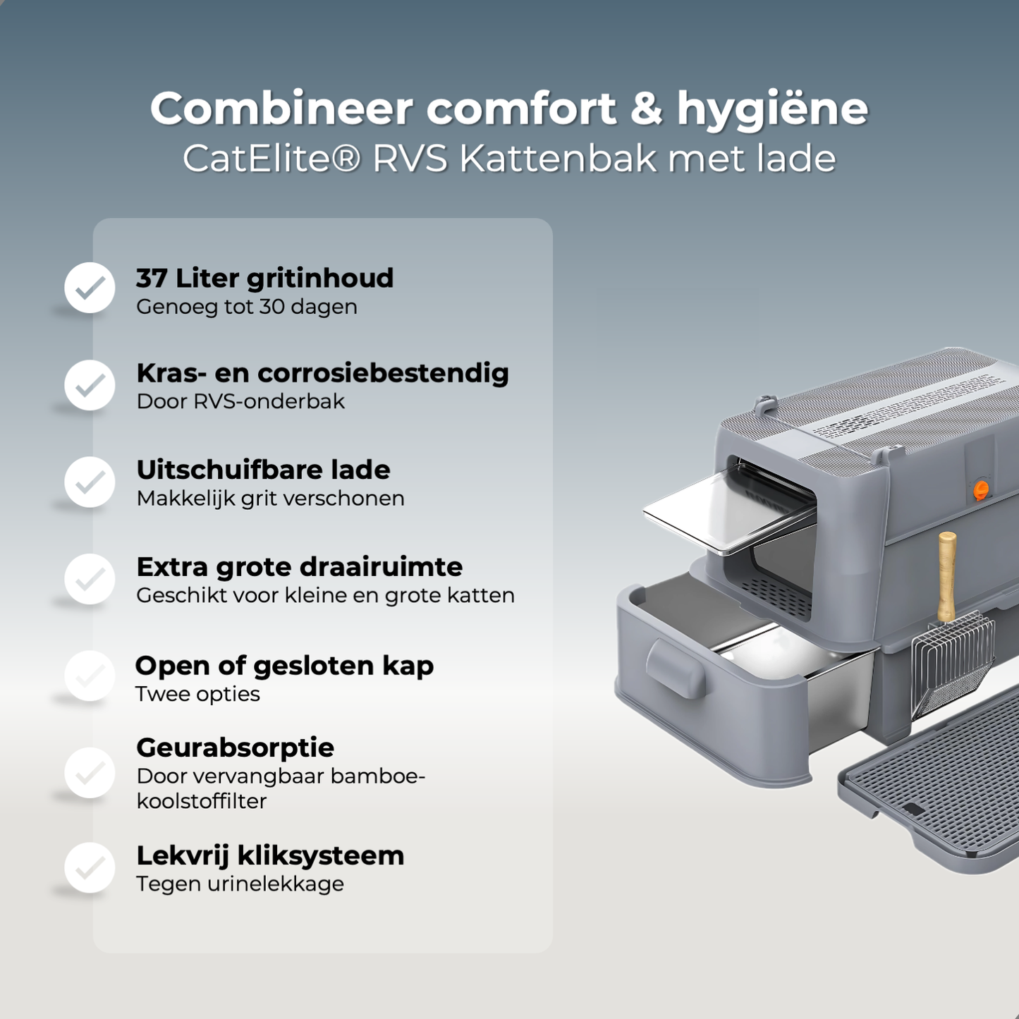 RVS Kattenbak met lade - Grijs