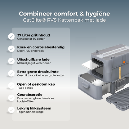 RVS Kattenbak met lade - Grijs