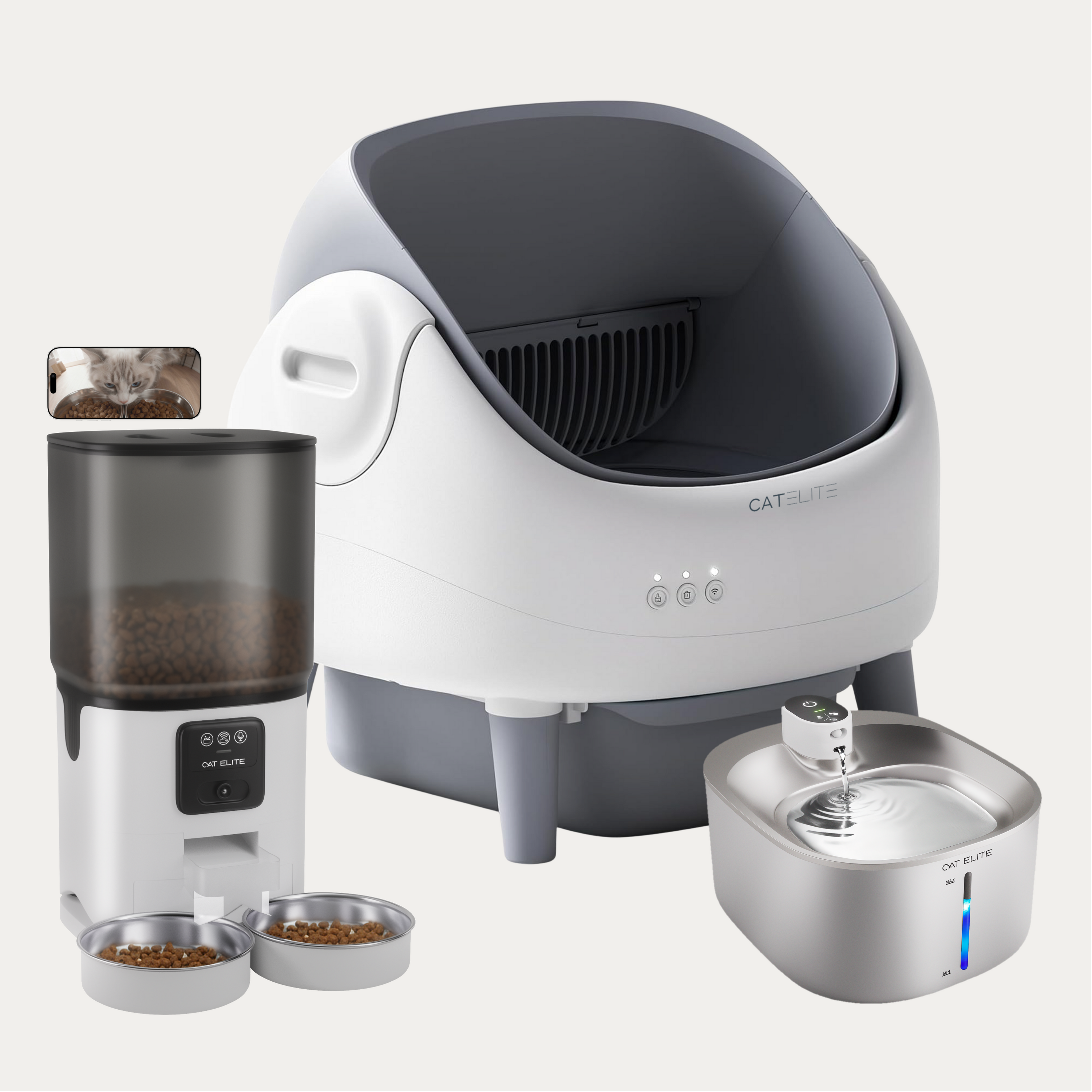 Bundel | Ease Automatische Kattenbak, Sync Dubbele Voerautomaat &amp; Stream Drinkfontein