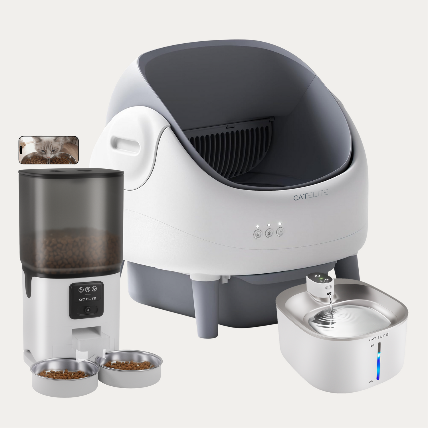 Bundel | Ease Automatische Kattenbak, Sync Dubbele Voerautomaat &amp; Stream Drinkfontein
