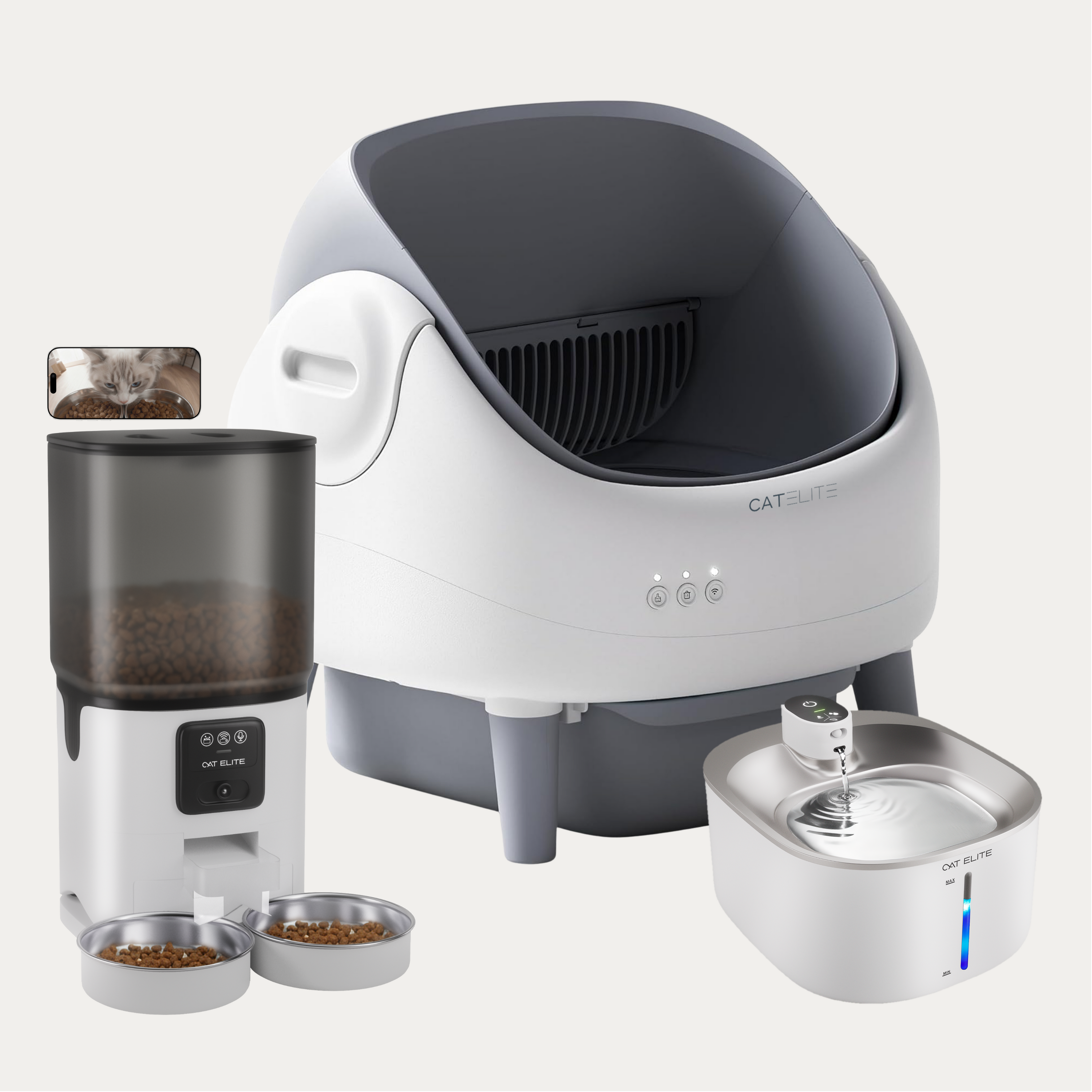 Bundel | Ease Automatische Kattenbak, Sync Dubbele Voerautomaat &amp; Stream Drinkfontein