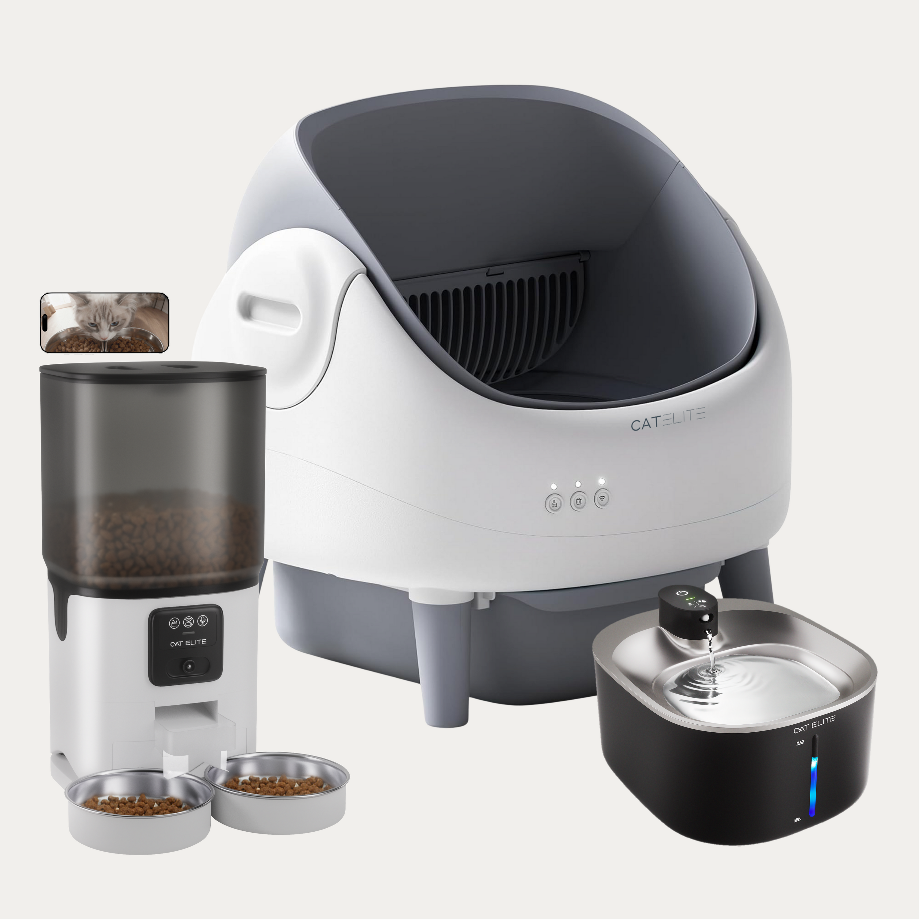Bundel | Ease Automatische Kattenbak, Sync Dubbele Voerautomaat &amp; Stream Drinkfontein