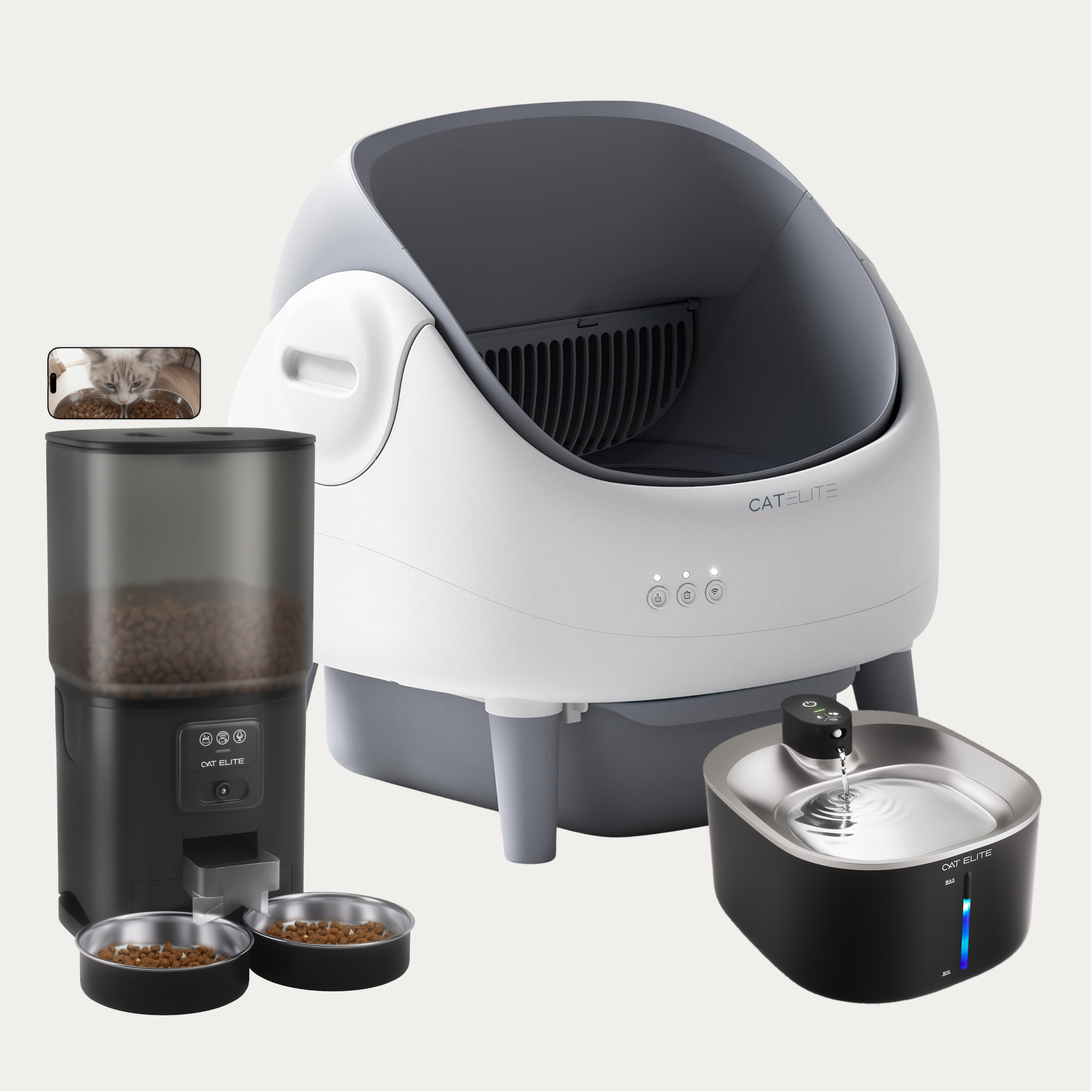 Bundel | Ease Automatische Kattenbak, Sync Dubbele Voerautomaat &amp; Stream Drinkfontein