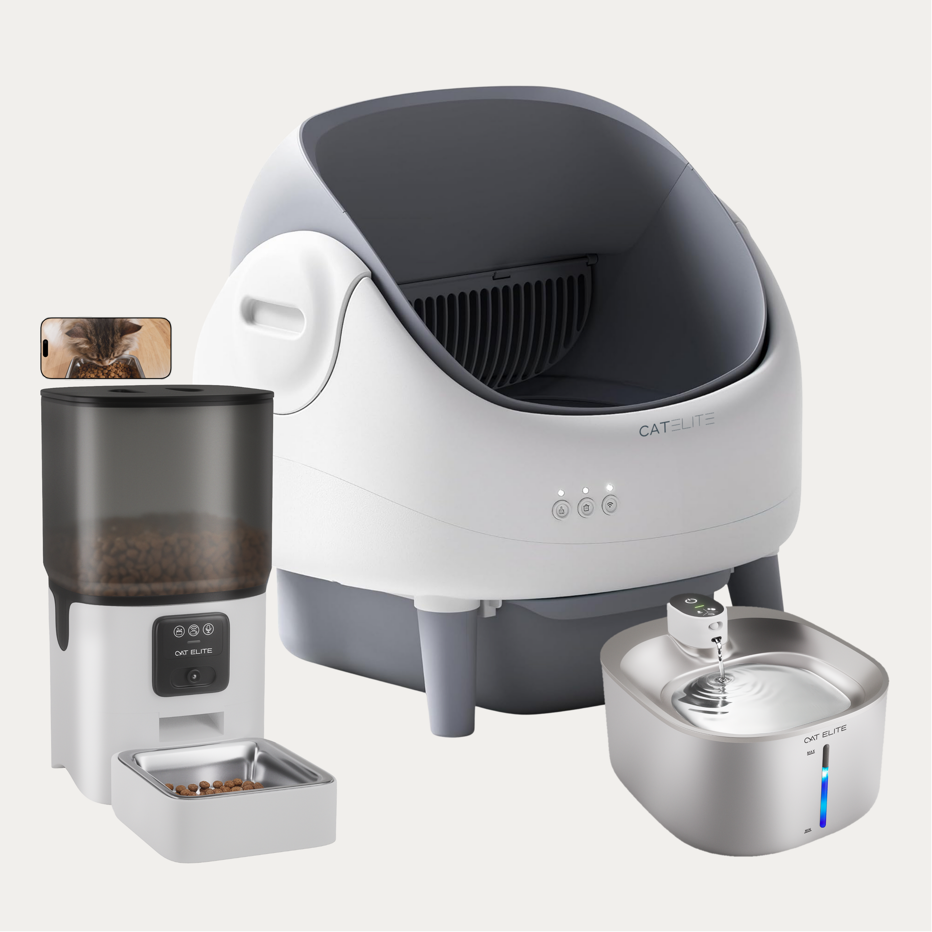 Bundel | Ease Automatische Kattenbak, Sync Enkele Voerautomaat &amp; Stream Drinkfontein