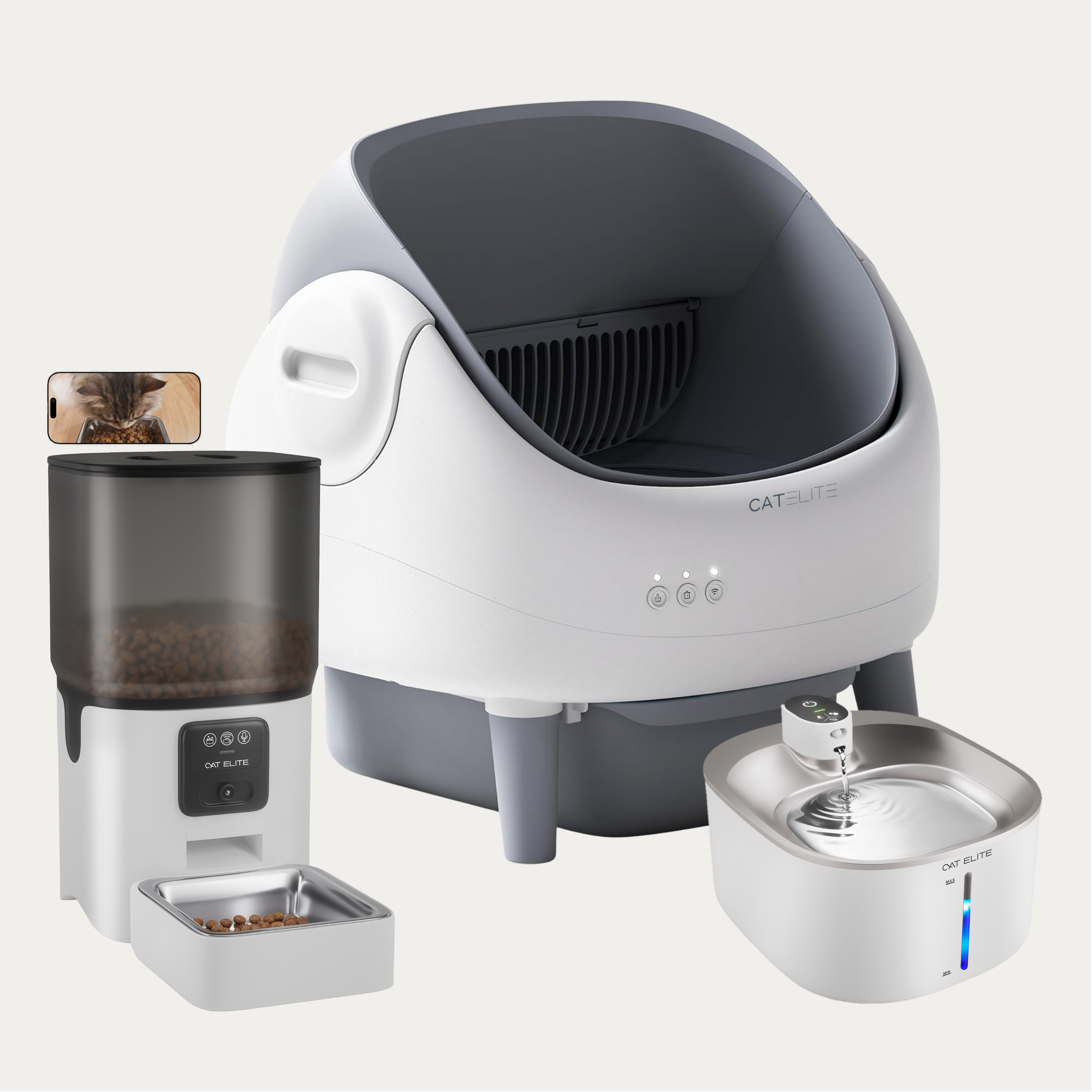 Bundel | Ease Automatische Kattenbak, Sync Enkele Voerautomaat &amp; Stream Drinkfontein