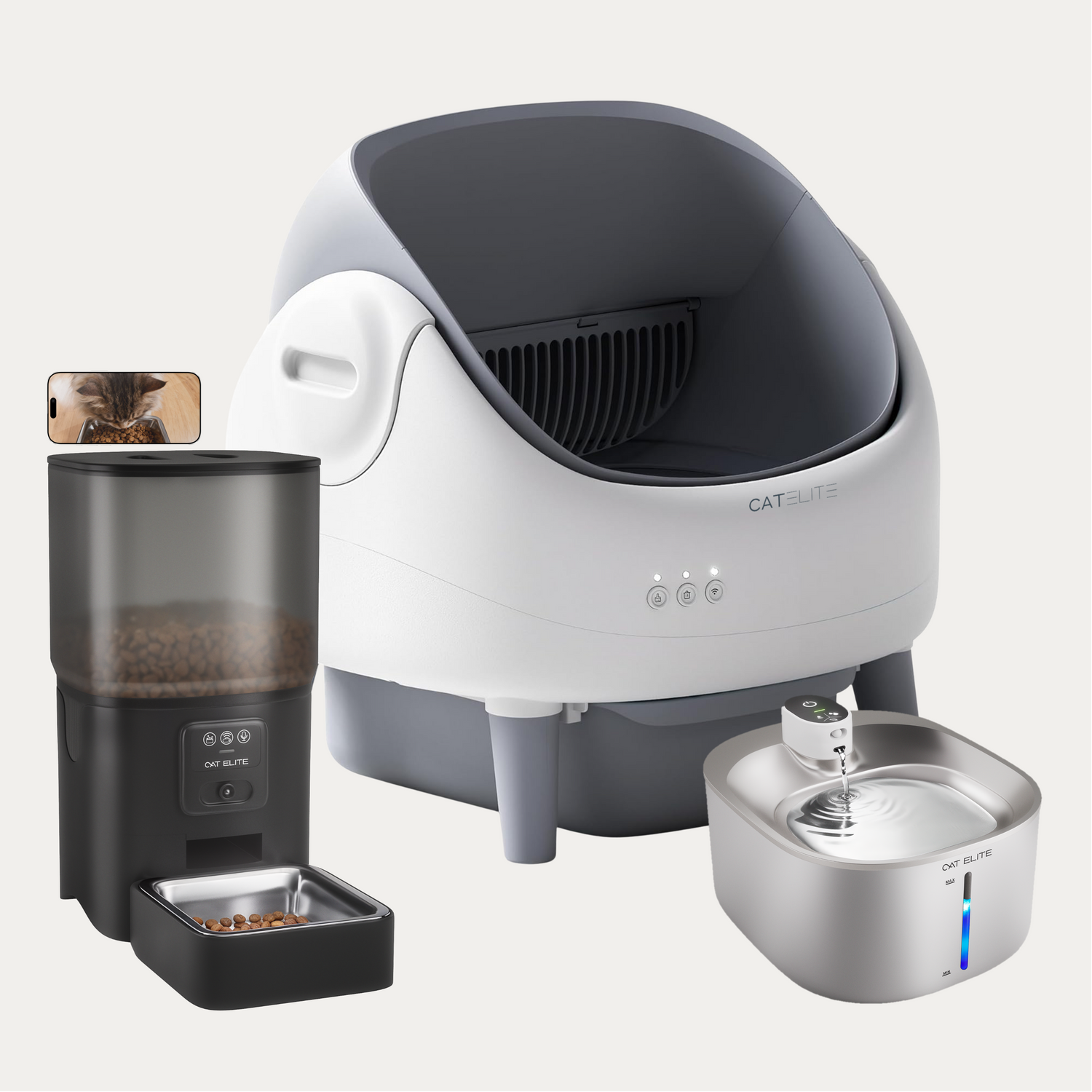 Bundel | Ease Automatische Kattenbak, Sync Enkele Voerautomaat &amp; Stream Drinkfontein