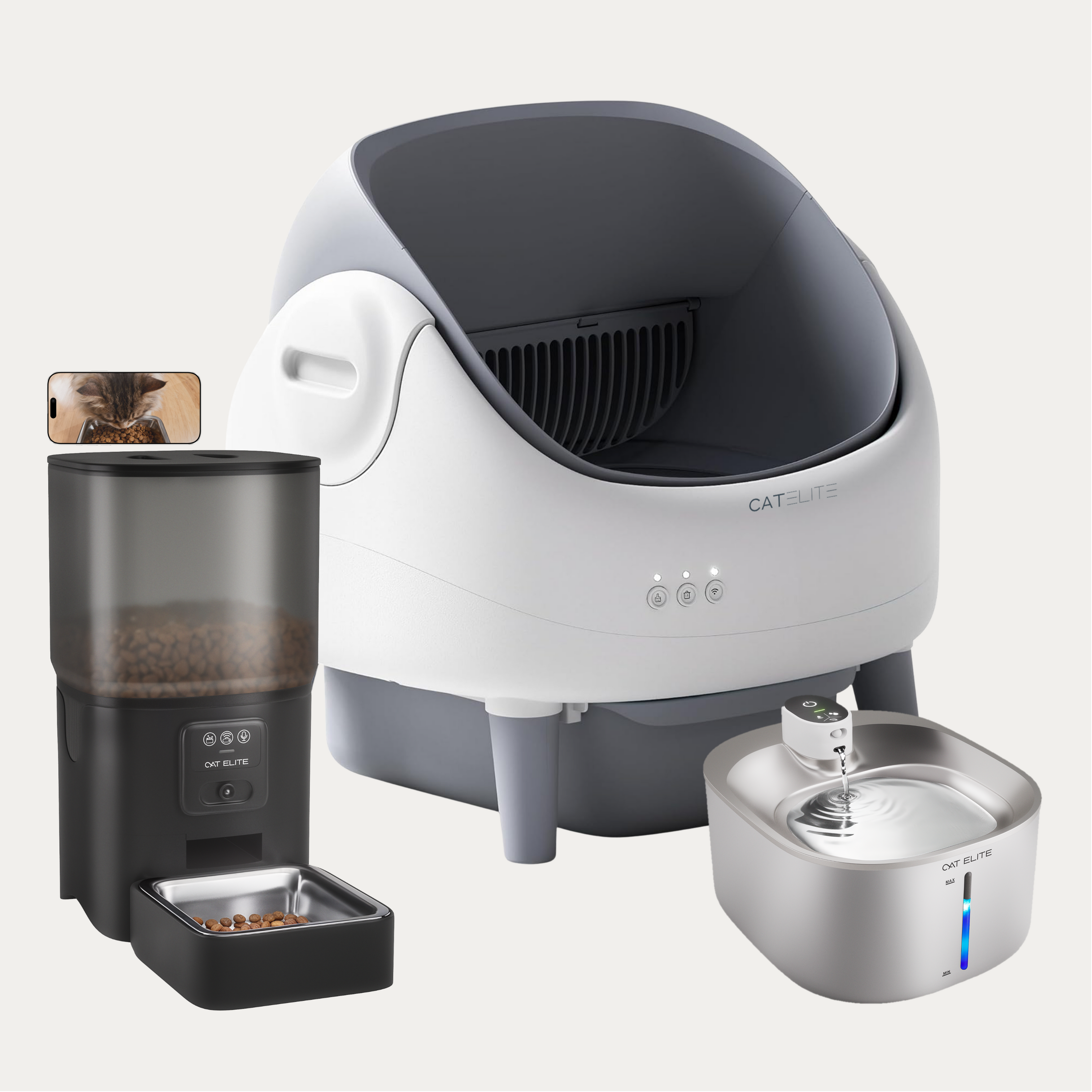 Bundel | Ease Automatische Kattenbak, Sync Enkele Voerautomaat &amp; Stream Drinkfontein