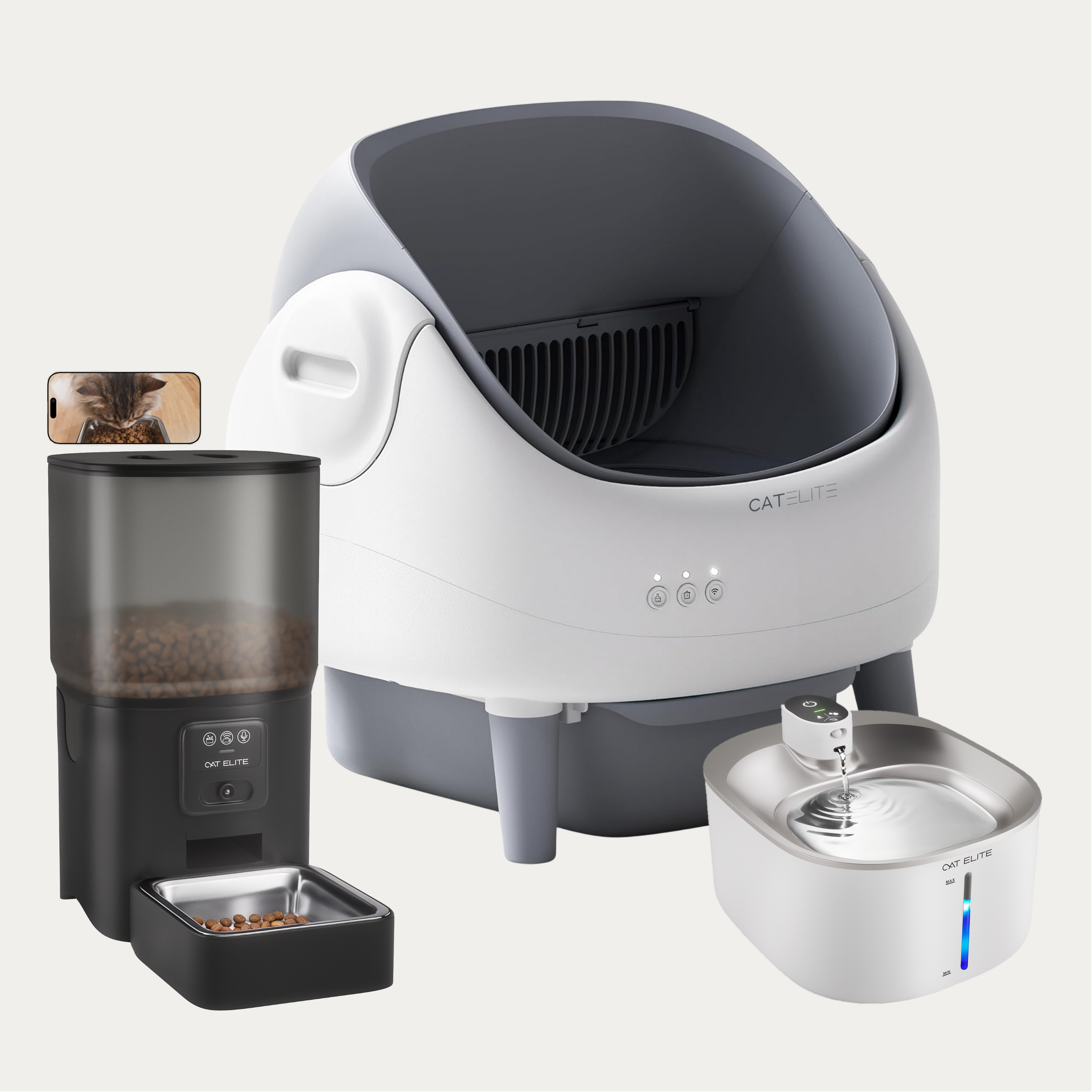 Bundel | Ease Automatische Kattenbak, Sync Enkele Voerautomaat &amp; Stream Drinkfontein