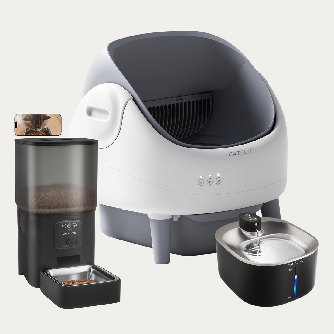 Bundel | Ease Automatische Kattenbak, Sync Enkele Voerautomaat &amp; Stream Drinkfontein