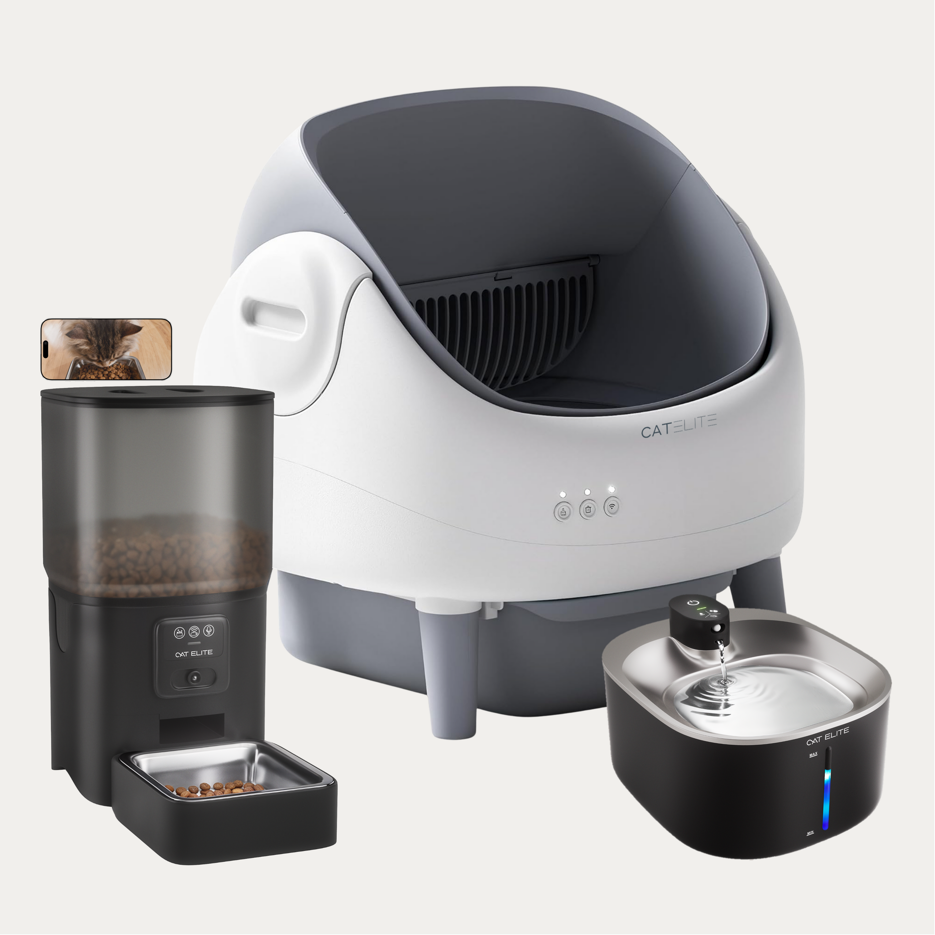 Bundel | Ease Automatische Kattenbak, Sync Enkele Voerautomaat &amp; Stream Drinkfontein