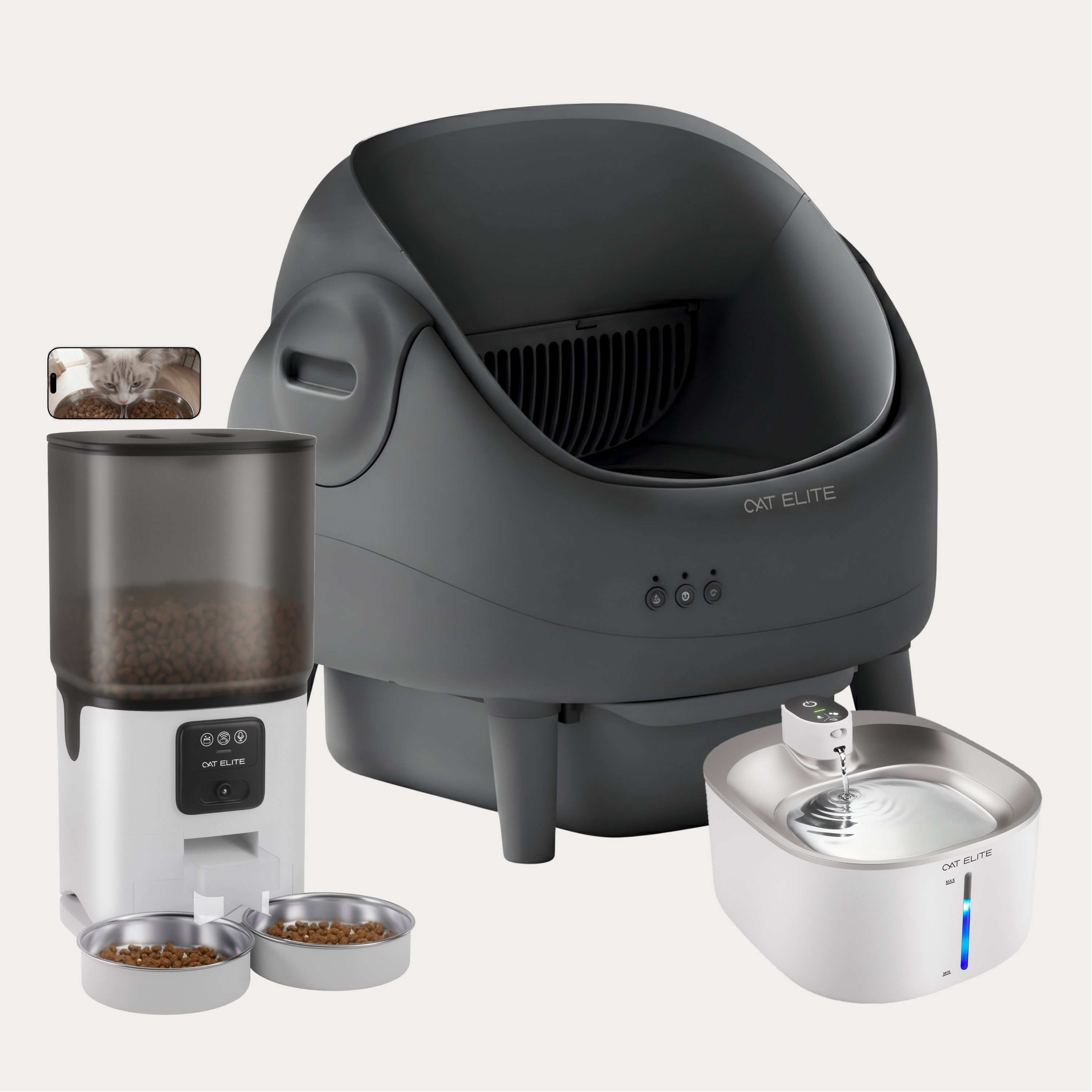 Bundel | Ease Automatische Kattenbak, Sync Dubbele Voerautomaat &amp; Stream Drinkfontein