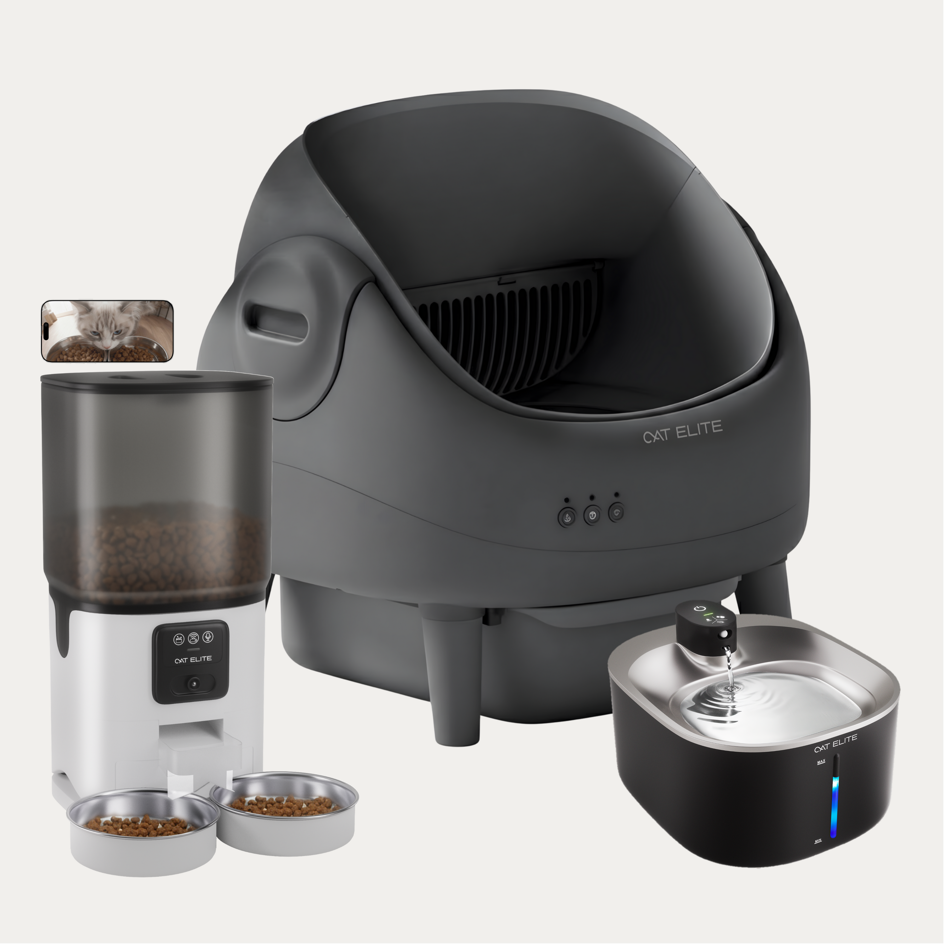 Bundel | Ease Automatische Kattenbak, Sync Dubbele Voerautomaat &amp; Stream Drinkfontein