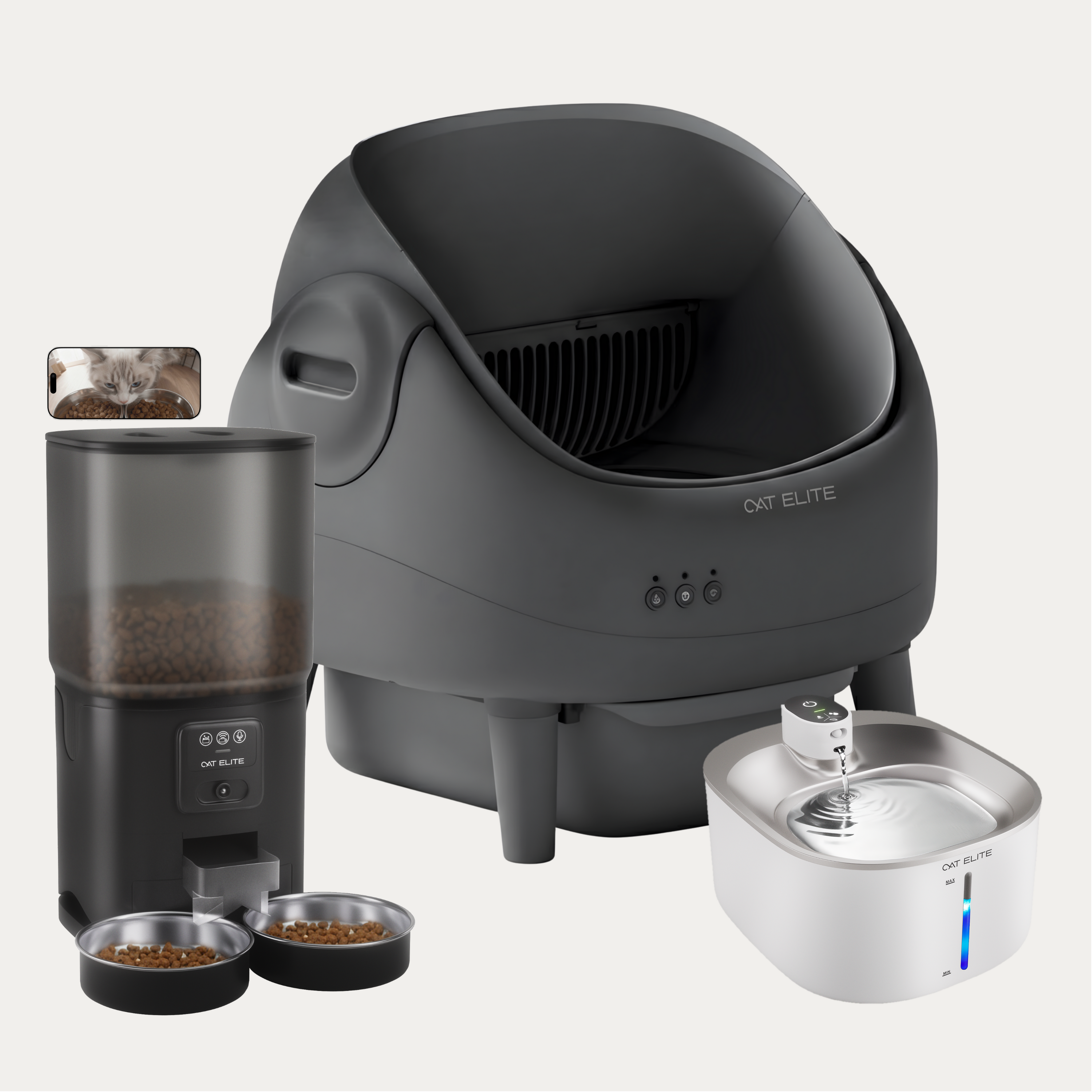 Bundel | Ease Automatische Kattenbak, Sync Dubbele Voerautomaat &amp; Stream Drinkfontein