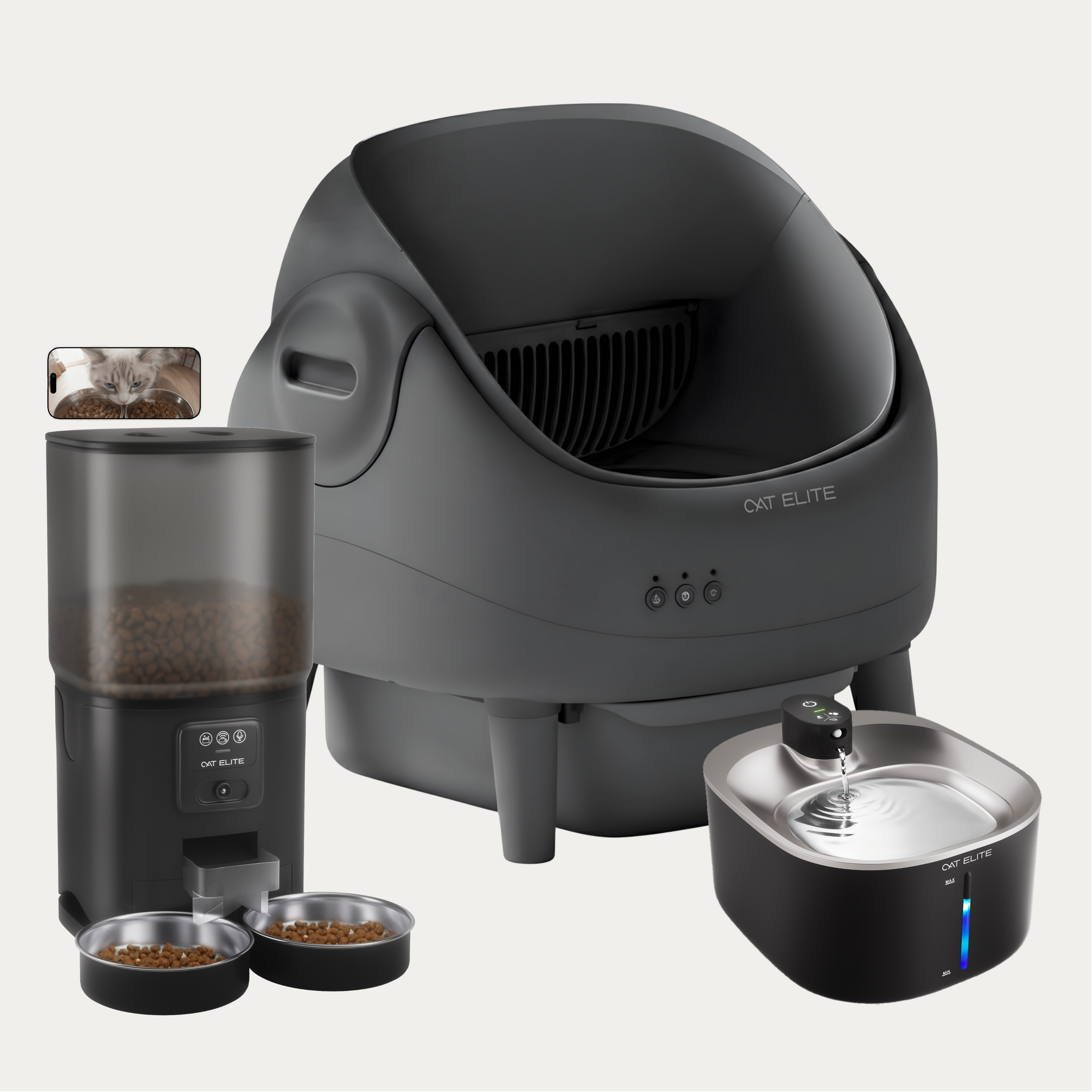 Bundel | Ease Automatische Kattenbak, Sync Dubbele Voerautomaat &amp; Stream Drinkfontein