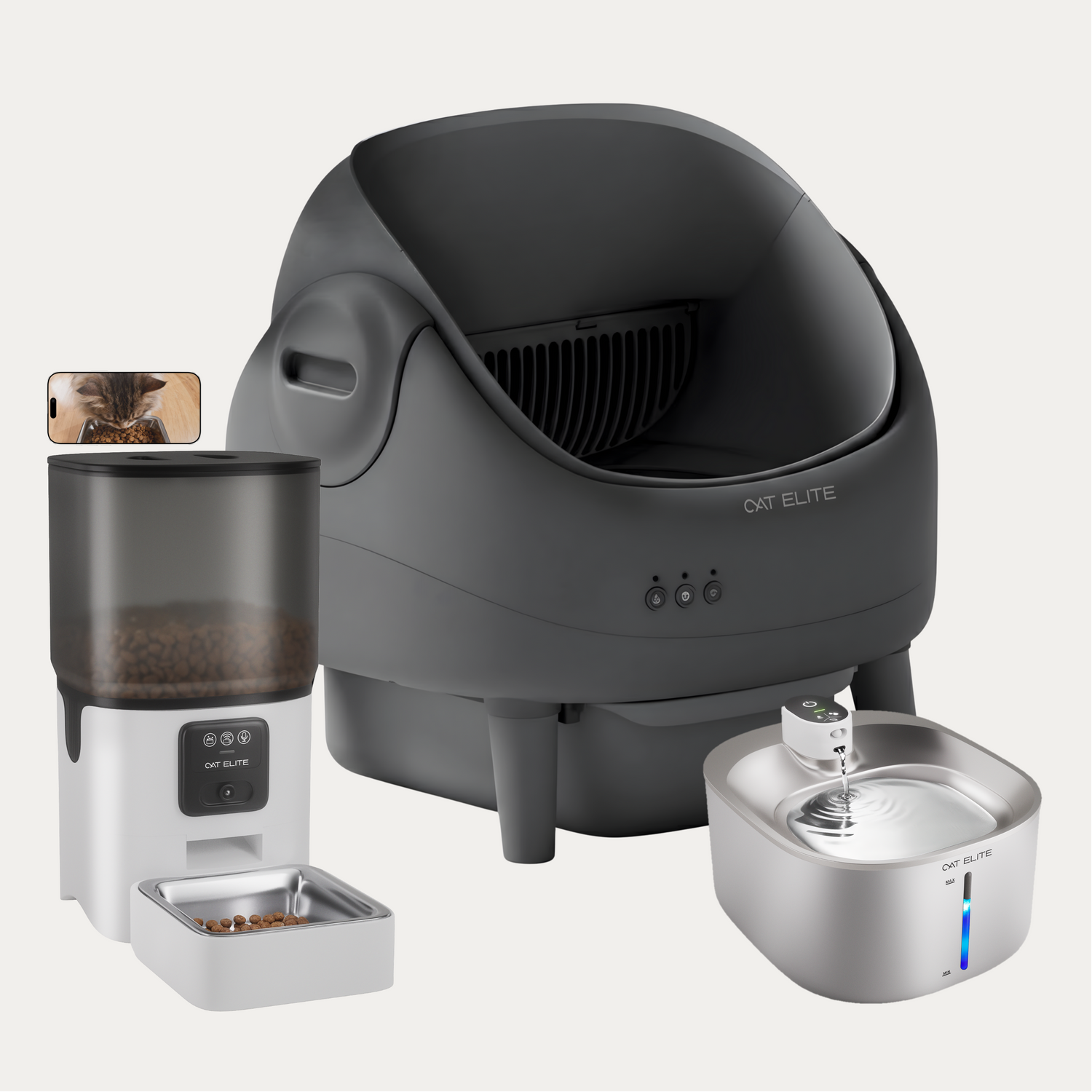 Bundel | Ease Automatische Kattenbak, Sync Enkele Voerautomaat &amp; Stream Drinkfontein
