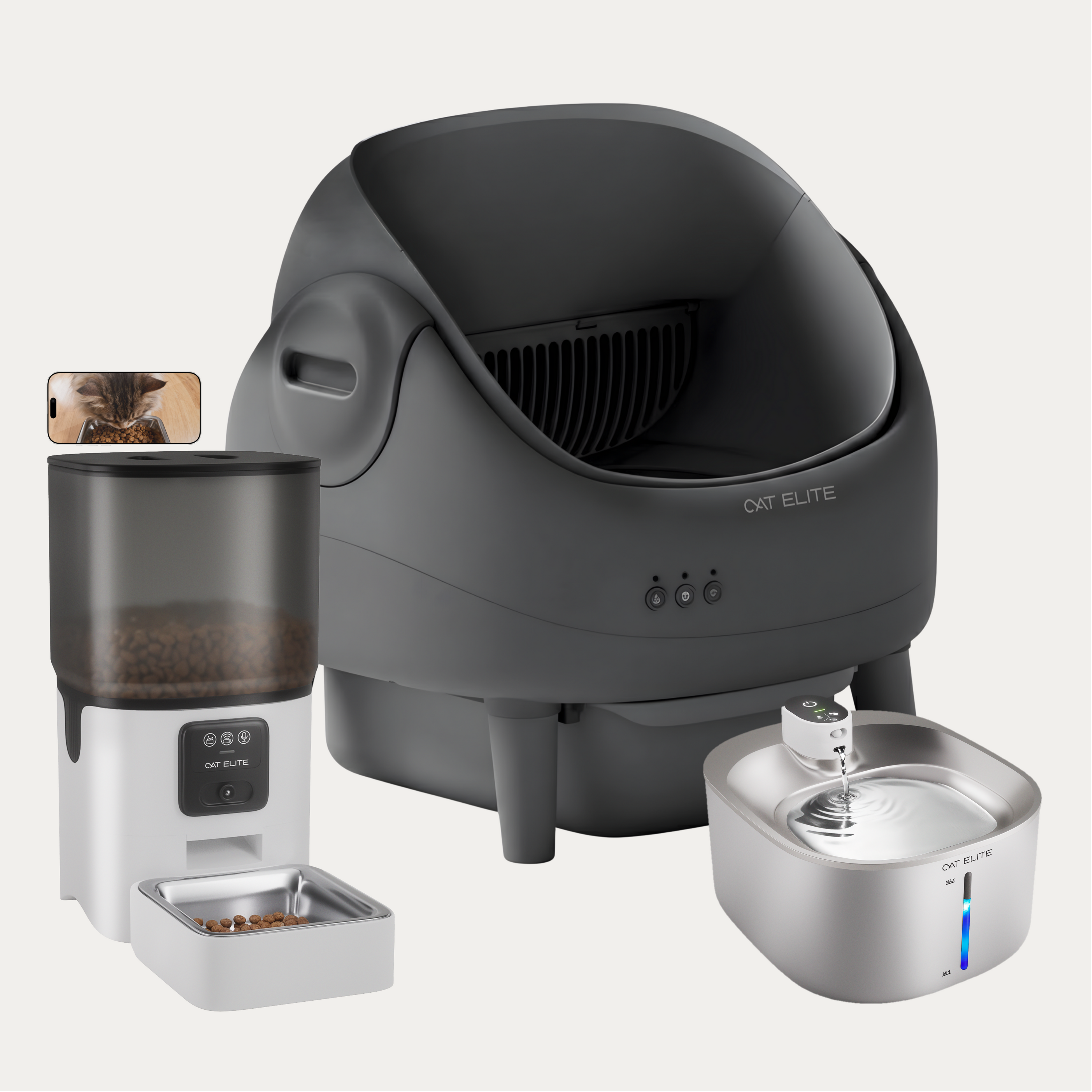 Bundel | Ease Automatische Kattenbak, Sync Enkele Voerautomaat &amp; Stream Drinkfontein