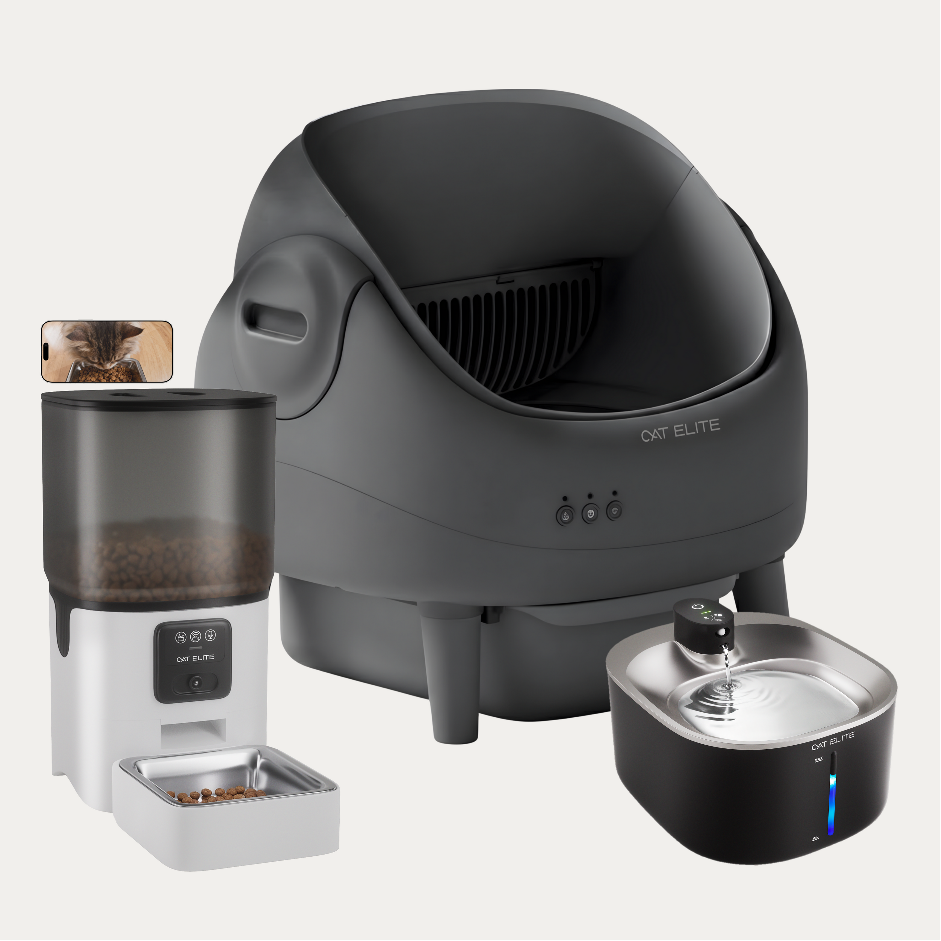 Bundel | Ease Automatische Kattenbak, Sync Enkele Voerautomaat &amp; Stream Drinkfontein