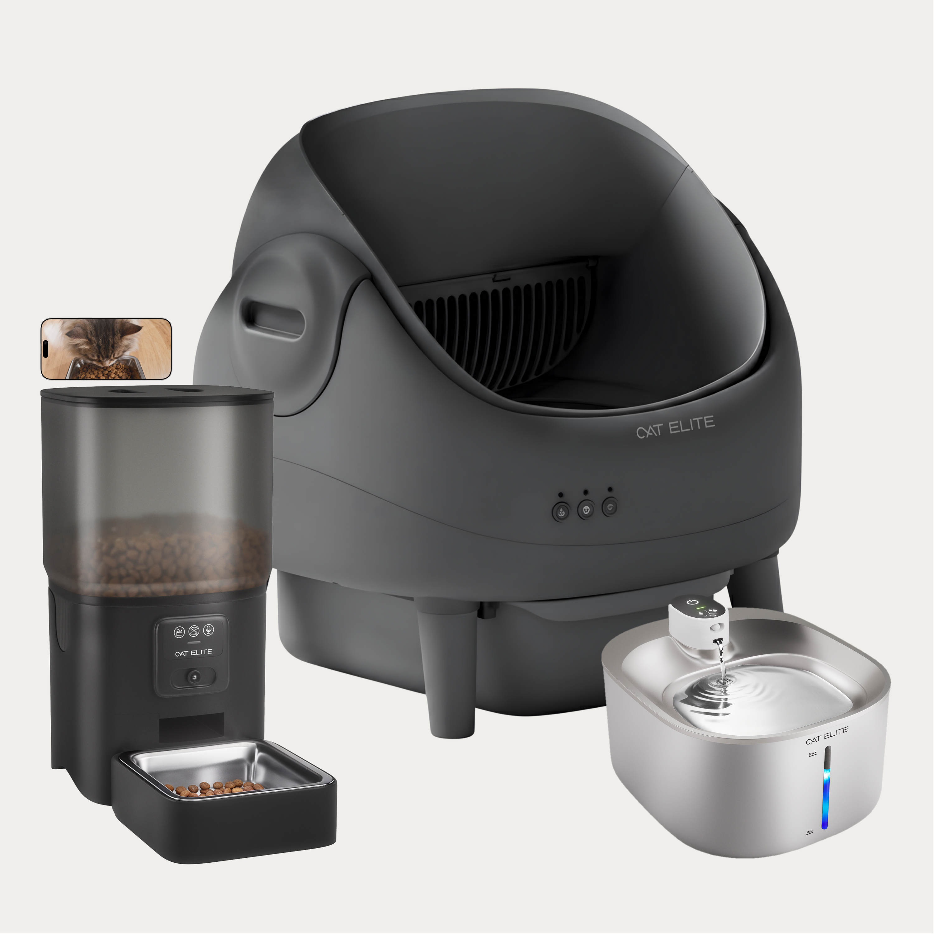Bundel | Ease Automatische Kattenbak, Sync Enkele Voerautomaat &amp; Stream Drinkfontein