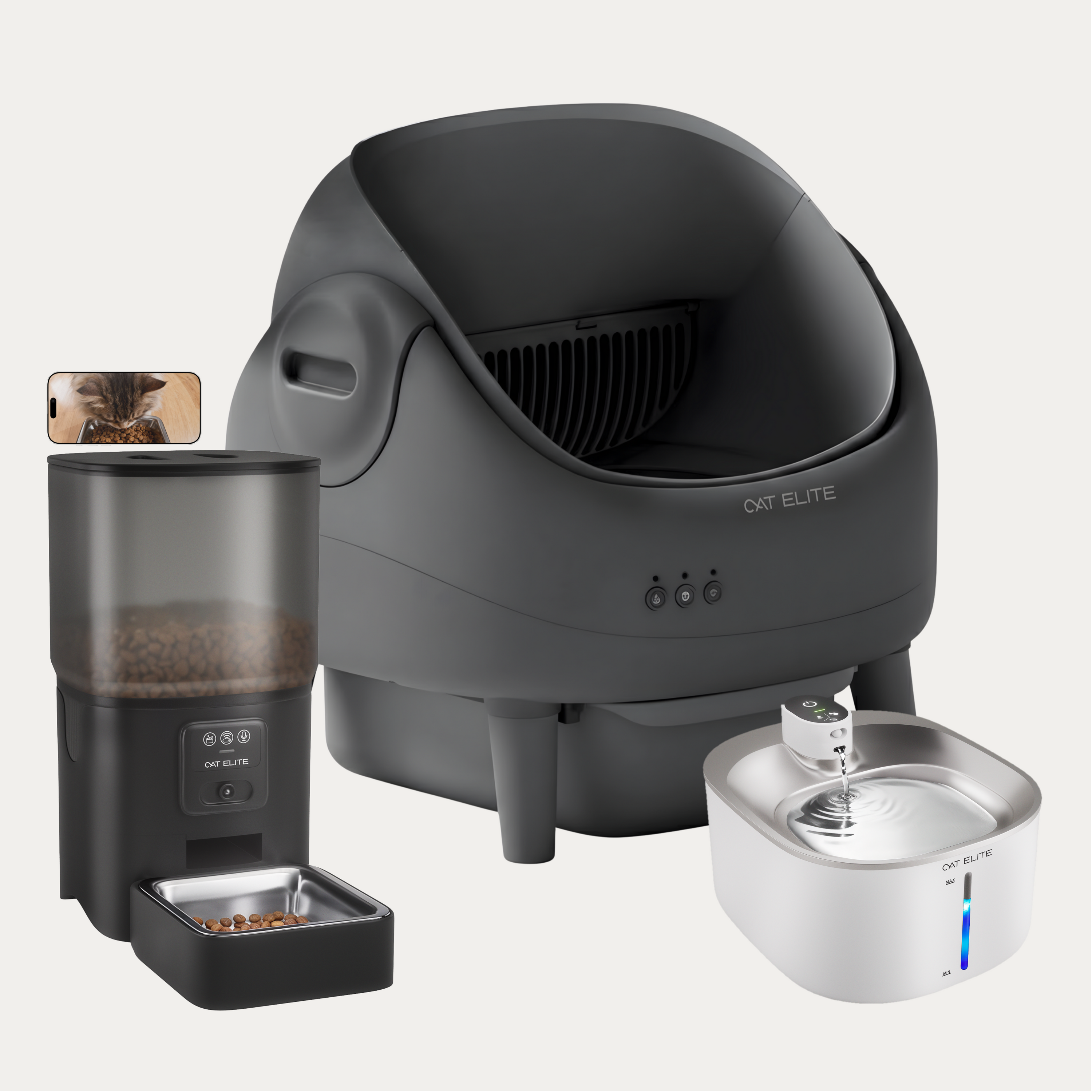 Bundel | Ease Automatische Kattenbak, Sync Enkele Voerautomaat &amp; Stream Drinkfontein