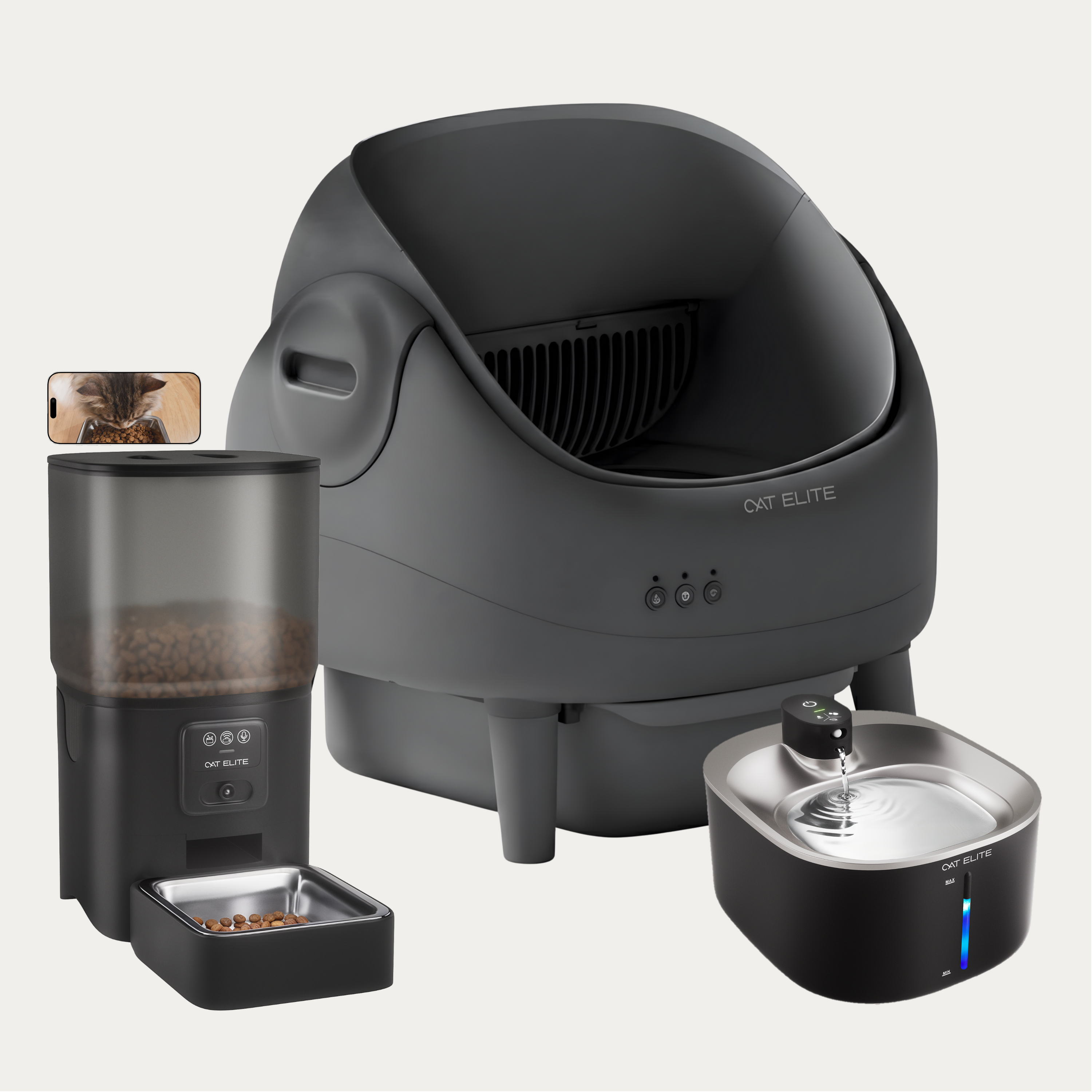 Bundel | Ease Automatische Kattenbak, Sync Enkele Voerautomaat &amp; Stream Drinkfontein
