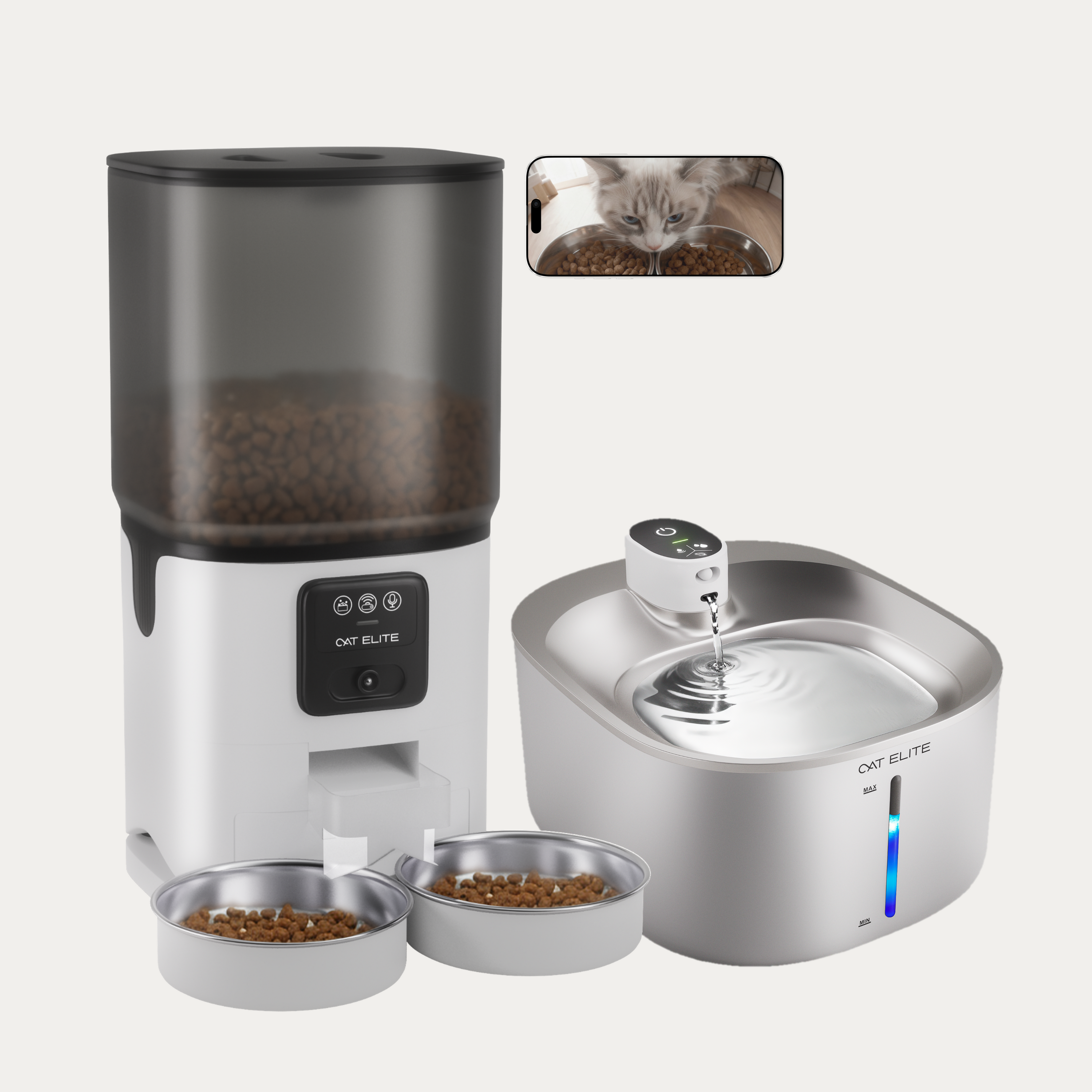 Bundel | Sync Dubbele Voerautomaat &amp; Stream Drinkfontein RVS